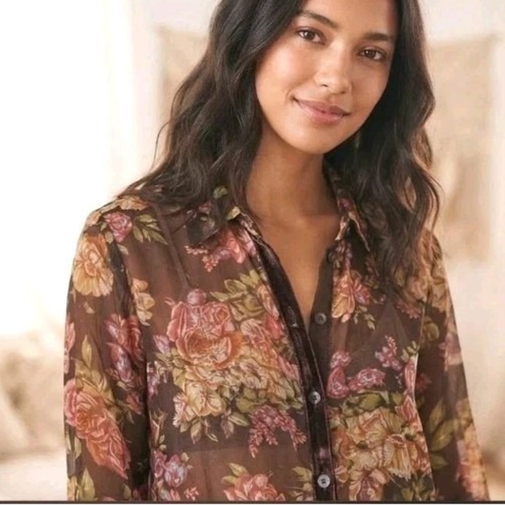 Cabi Brown Floral 100% Silk Sheer Blouse Top Women's Size M Bohemian Grunge